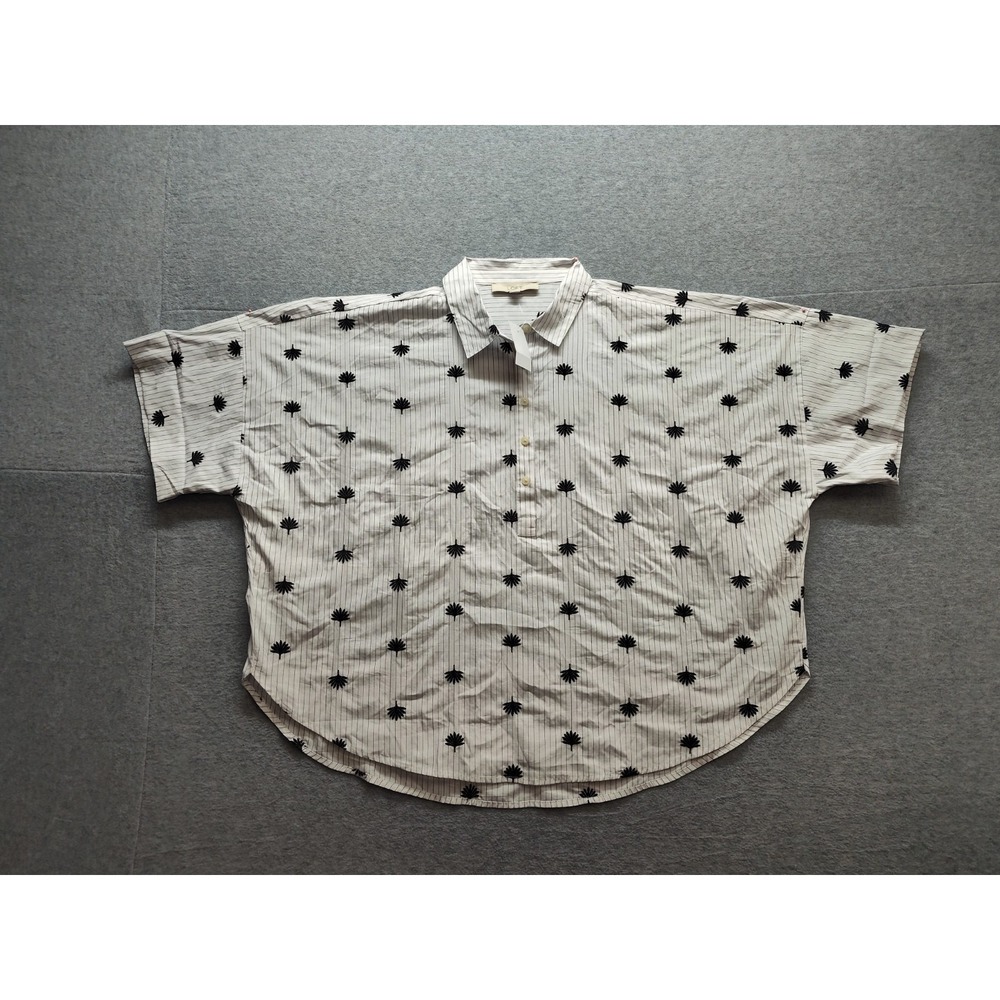 Loft Women Top XL White Striped Embroidered Button Up Short Sleeve Logo Casual